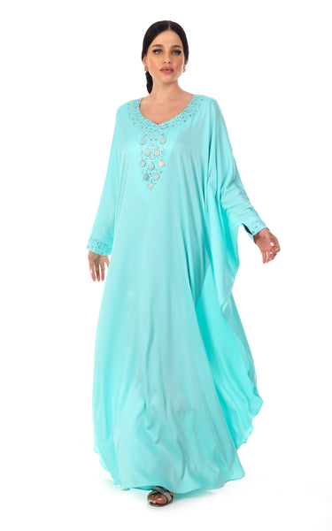 Turquoise Classic Jalabiya With Crystals Details